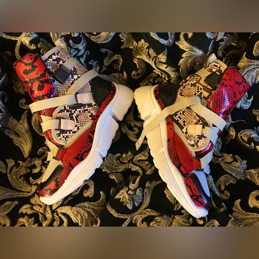 New in box, snakeskin red, beige and black